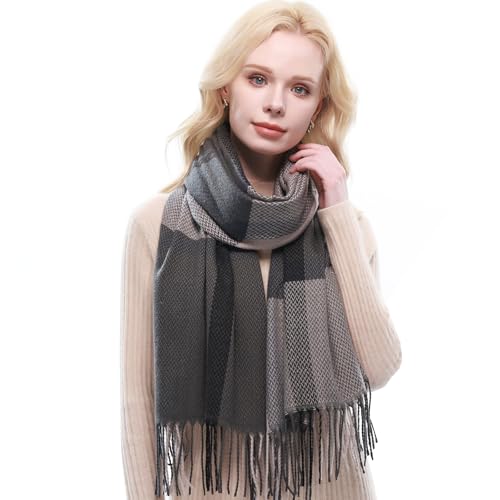 RIIQIICHY Plaid Scarf for Women Fall Winter Pashmina Scarves Wraps for Cold Weather Warm Large Grey-Black