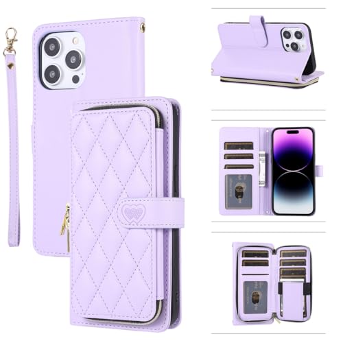 for iPhone 14 Pro Max Zipper Wallet Case with Card Holder, 9 Card Slots Large Capacity and Multiple Style Lanyards.(Purple) Purple iPhone 14 Pro Max