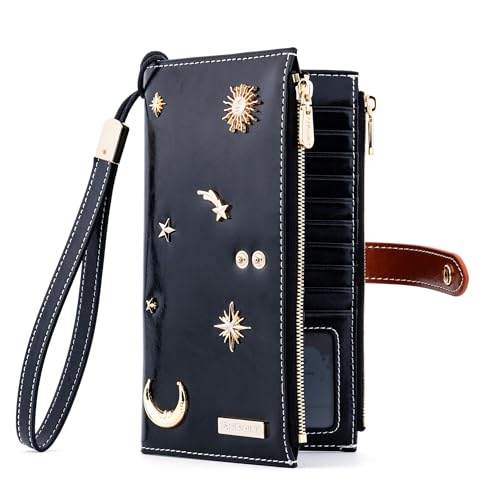 ANDOILT Women's Genuine Leather Wallet RFID Blocking Credit Card Holder Zipper Purse Cell Phone Handbag One Size B_Black & Hardware Decoration