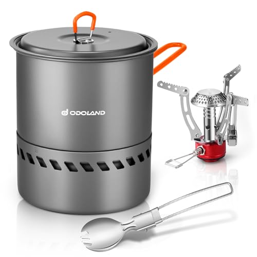 Odoland Camping Cookware Set, Outdoor Cooking Utensils Pots with Burner and Stove Foldable Cookware for Hiking, Trekking, Fishing and Backpacking
