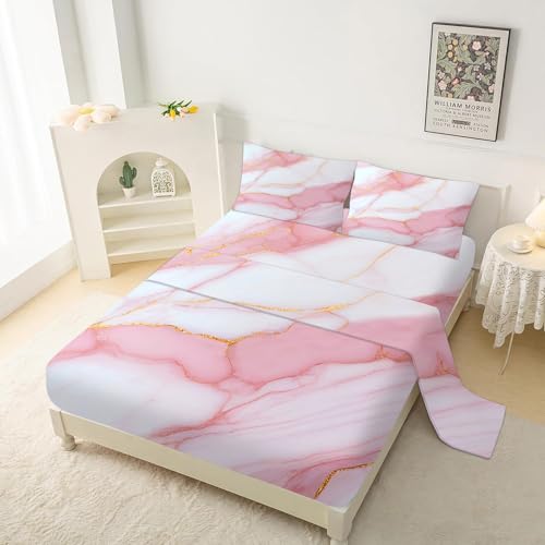Pink Marble Sheets Set: Twin Size Aesthetic Marbling Bedding for Kids Girls Teens Bedroom Bed - 1 Flat Sheet, 1 Fitted Sheet, 1 Pillowcase Lcl01-02 Tw