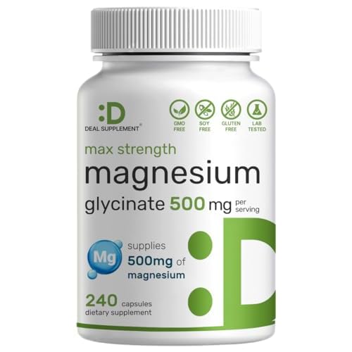 Max Strength Magnesium Glycinate 500mg Per Serving, 240 Capsules | 100% Chelated for Easy Absorption | Essential Mineral Supplement for Muscle, Sleep,
