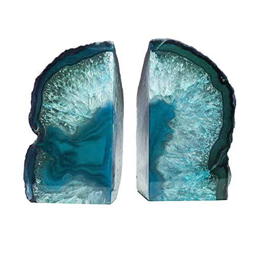AMOYSTONE Teal Agate Bookends, Large Decorative Crystal Stone Ends 4-6 LBS for Heavy Books, Perfect for Study Room and Office Bookshelf Decor 4-6 Poun