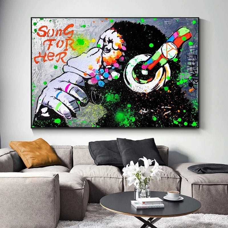 Canvas Painting Colorful Monkey with Headphones Animal Graffiti Poster Print Wall Art Pictures for Living Room Wall Decor Cuadro