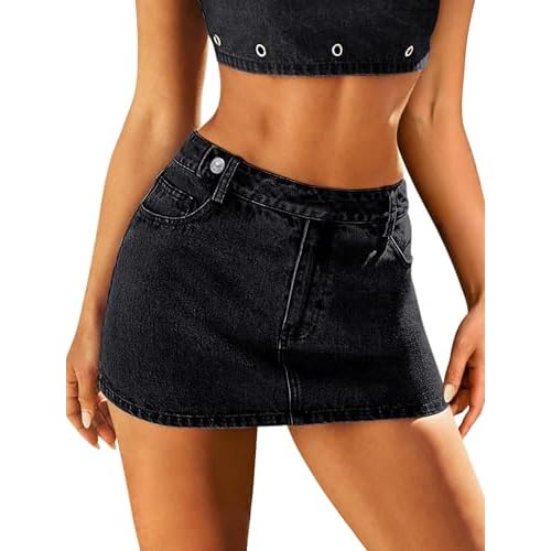 Eddoyee Denim Mini Skirt Women Jeans Skirts 5 Pockets High Waisted Y2K Stretch Cute Bows Short Jean Skirt Black 1 Large