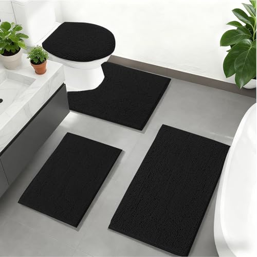 RUN HELIX Bath Rug Set 4 Piece - Non Slip Bath Mats, Soft Shaggy Absorbent Bathroom Mat Set with U-Shaped Toilet Mat, Black Black 16"x24"+20"x32"+U20"