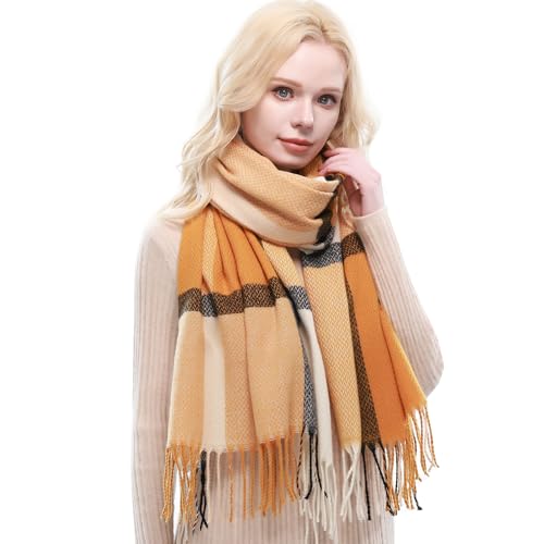 RIIQIICHY Plaid Scarf for Women Fall Winter Pashmina Scarves Wraps for Cold Weather Warm Large Yellow-Black-Ivory