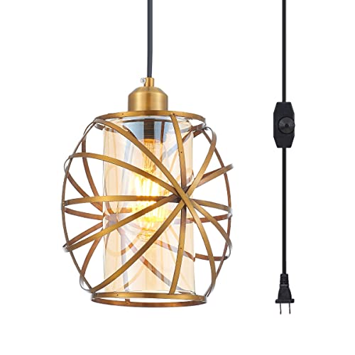 YLONG-ZS Gold Plug in Pendant Light,Dimmable Hanging Lamp,Glass Hanging Lights with Plug in Cord for Kitchen Island, Bedroom,Living Room,Dining Room Y