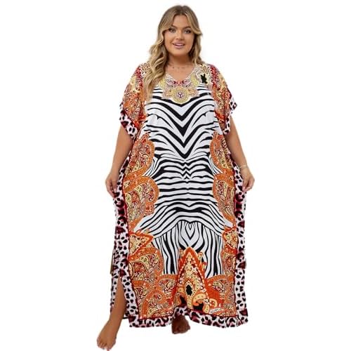 Swimsuit Cover Up Caftan Women's Vneck Flower Leopard Print Batwing Sleeve Side Split Kaftan Dresses D-print1 372