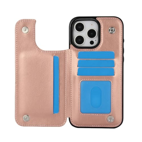 for iPhone 16 Pro Max Case with Credit Card Holder,RFID Blocking,PU Premium Leather Double Magnetic Clasp Kickstand Heavy Duty Protective Cover.(Rose