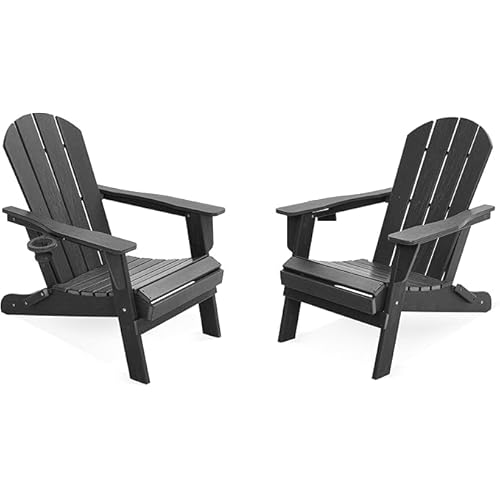 LOUNZY Folding Adirondack Chair Set of 2, HDPE All-Weather Folding Patio Chair with Cup Holders, Outdoor Patio Adirondack Chair for Deck Lawn Fire Pit