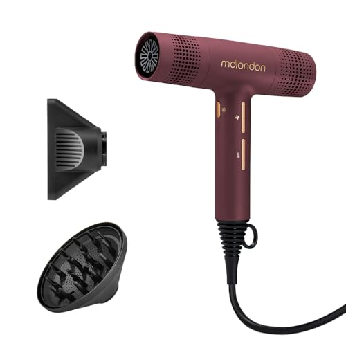 mdlondon Blow Hair Dryer – New & Improved 1600W Hairdryer with Diffuser, Directional Nozzle and Cool Shot – Ultra-Light, Quiet & Powerful Blow Dry