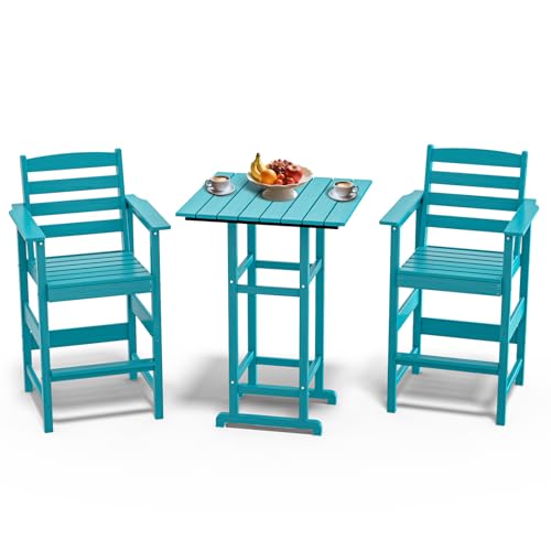 Adirondack Bar High Chair Set 3-Pieces,Adirondack Bar Chairs Set of 2 with Table,HDPE All-Weather Patio Furniture for Balcony, Backyard, Poolside –A