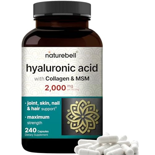 NatureBell Hyaluronic Acid Supplements 2,000 mg | 240 Capsules, with MSM & Hydrolyzed Bovine Collagen – 3 in 1 Support for Skin Hydration, Joint Lub