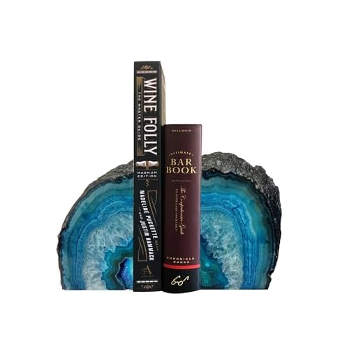 AMOYSTONE Teal Agate Geode Bookends, Unique Natural Crystal Book Holder 2-3 LBS with Rubber Bumpers, Sujetalibros for Small Books and Kitchen Cookbook