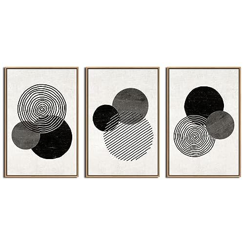 Framed Black and White Wall Art Canvas Set Mid Century Boho Pictures Modern Geometric Lines Rounds Wall Decor Minimalist Bohemian Abstract Painting Ar