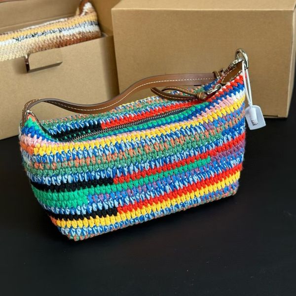 Designer Rainbow Color Hobo Handmade Woven Wool Thread Totes Purses And Handbags Sling Bags Luxury Brand Knitting Stripes Stylish Ladies Han