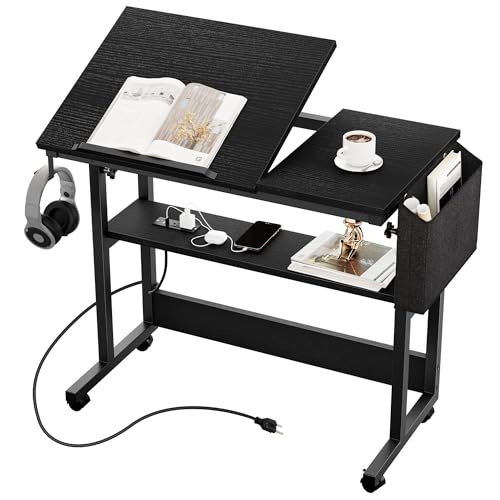 YITAHOME Height Adjustable Table with Charging Station, Portable Desk with Wheels, Small Standing Rolling Computer Desk with Tiltable Tabletop and Sto