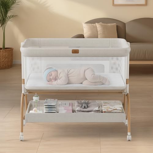 Baby Bassinet Bedside Crib, 3-in-1 Baby Bassinet Bedside Sleeper with Mattress and Soft, Breathable Sheet, Full-Mesh Sides, 6-Height Adjustable, Stabl