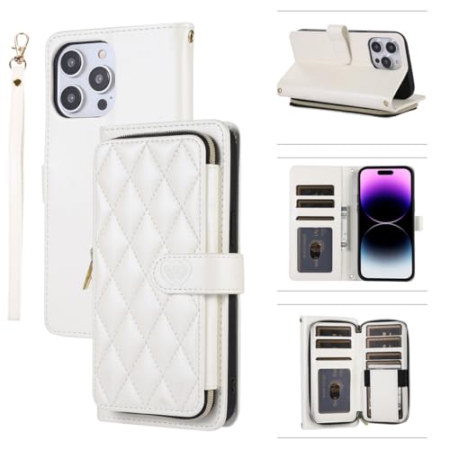 for iPhone 15 Pro Max Zipper Wallet Case with Card Holder, 9 Card Slots Large Capacity and Multiple Style Lanyards.(White) White iPhone 15 Pro Max