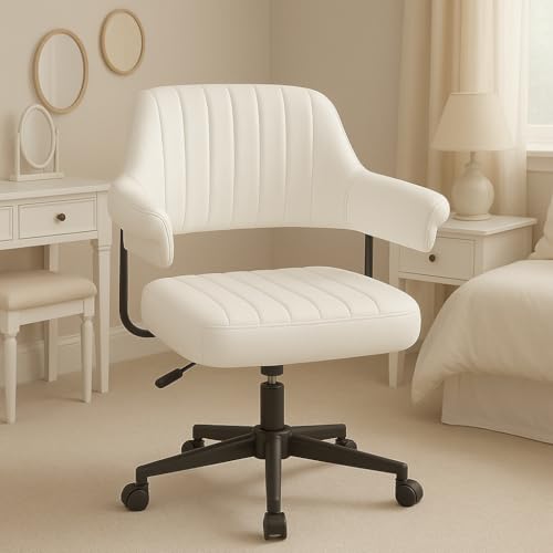 Home Office Chair Swivel Desk Chair Vanity Rolling Adjustable Task Chair for Study Makeup Dresser Bedroom Living Room - White