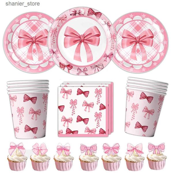Disposable Dinnerware Pink Bow Theme Disposable Tableware Paper Plates Napkins Cup Cupcake Topper Girl Birthday Table Decor Baby Shower Part