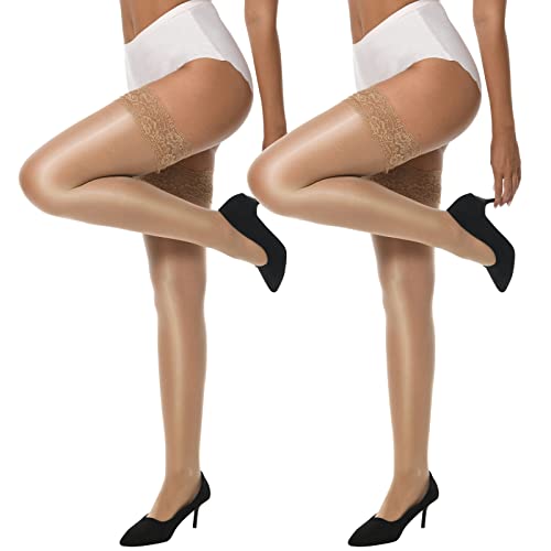 MANZI Sheer Shiny Thigh High Stockings 2 Pairs Silky lingerie Pantyhose for Women with Stay Up Silicone Lace Top Large-X-Large 2 Pairs Natural