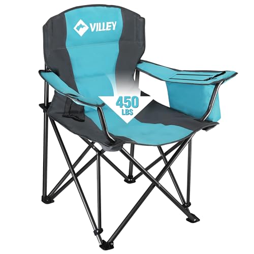 VILLEY Camping Chair, Oversized Folding Camp Chair, Portable Outdoor Chairs Support 450 LBS with Padded Seats, Cooler Bag, Cup Holder, Carry Bag, Blue