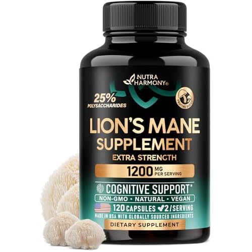 Lions Mane Supplement Capsules - Organic Lions Mane - Made in USA - Fruiting Bodies Extract - 1200 mg, 25% Polysaccharides - Memory & Focus Support -