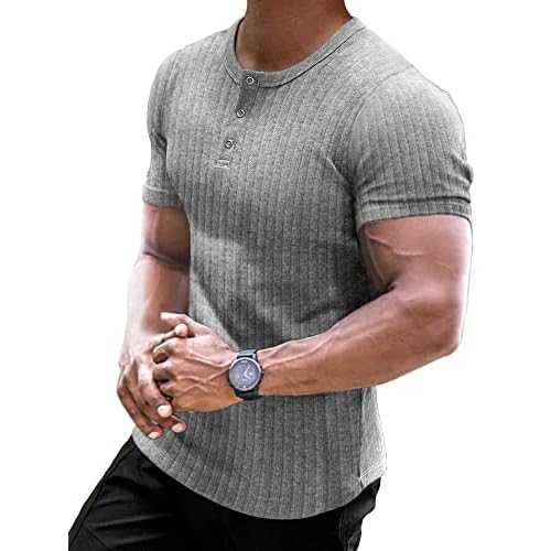 Muscle Cmdr Men's Ribbed Henley Shirt Short Sleeve Slim Fit Muscle Shirt Fitted Cotton Casual Long Sleeve Small 01grey-short