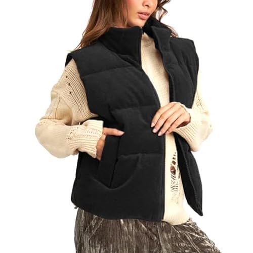 Women Quilted Puffer Vest Sleeveless Jacket Zip Up Stand collar Lightweight Outerwear with Pocket 2025 Trendy Corduroy Black Large