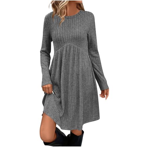 Womens Long Sleeve Sweater Dresses | Ribbed Knit A-Line Midi Dress with Pockets for Fall, Work & Casual A01 Gray Small