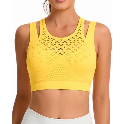 RUNNING GIRL Sports Bras for Women High Support,Seamless Ribbed Longline High Neck Sports Bra Racerback Padded Crop Top Yoga Small A-yellow
