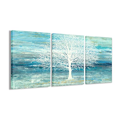 Yihui Arts Teal and Blue Canvas Wall Art - White Tree Paintings with Gold Foil - 3 Pieces Landscape Pictures for Living Room Bedroom Bathroom Decor 24