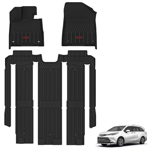 3W Floor Mats Fit Toyota Sienna 2021-2025(Only for 7 Seat), TPE All Weather Custom Fit Floor Liner for Sienna 1st, 2nd and 3rd Row, Black with Red Acc