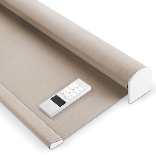 ZSHINE Motorized Blinds (23-95 inches) Remote Control Window Roller Shade Wireless Rechargeable 100% Blackout Cloth Grain Series Fabric Window Shades