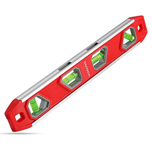 WORKPRO 12 Inch Torpedo Level, Magnetic Small Leveler Tool, Plumbing Level with Pitch Vial, Aluminum Reinforced, 4 Bubbles, V-Groove for Conduit Bendi