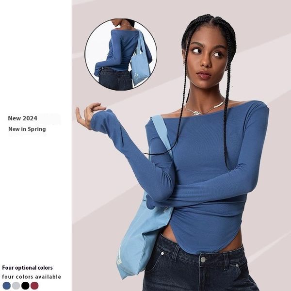 Winter yoga clothes long sleeved top, outdoor sports running wrinkle versatile, slimming and fitness one neck T-shirt DDML