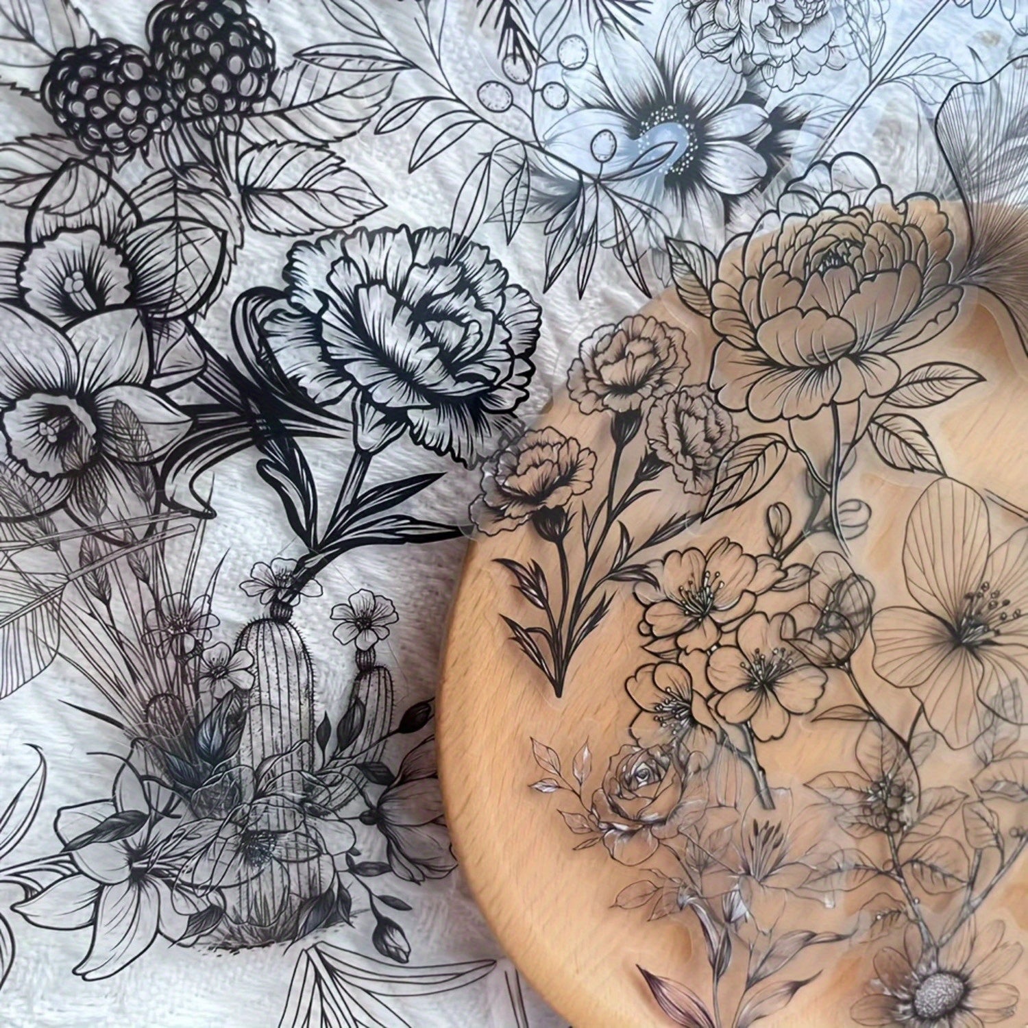 TEMU 100pcs Black And White Floral Stickers, Reusable Transparent Pet Stickers With Shimmer Finish For Diy Crafts, Scrapbooking, And Guitar Decor,