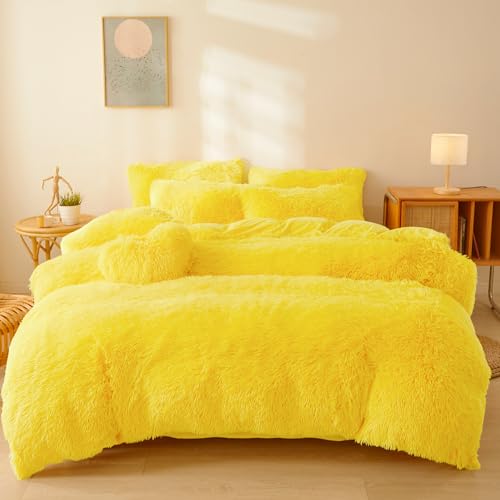 Fluffy Comforter Cover Set King- Ultra Soft Plush Yellow Bedding Sets 3 Pieces (1 Fuzzy Duvet Cover + 2 Faux Fur Pillow case) Bed Set (Yellow, King) Y