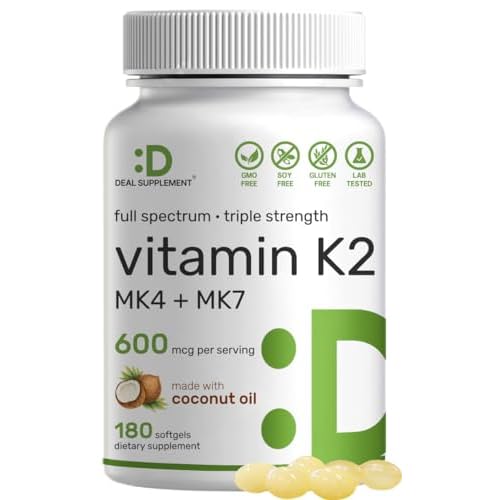 DEAL SUPPLEMENT Vitamin K2 Supplement 600mcg, 180 Coconut Oil Softgels | Full Spectrum High Absorption MK-7 & MK-4 Forms | Bone, Joint, & Immune Suppo