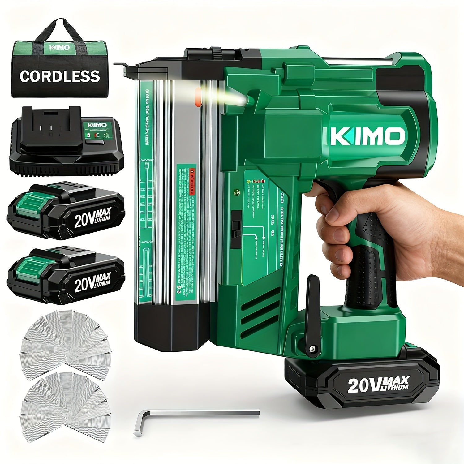 TEMU Kimo 20v Brushless Cordless Brad Nailer And Staple , 2-in-1 Power Tool Kit With 2 Batteries, Fast Charger, 1000pcs 18g & For Woodworking,