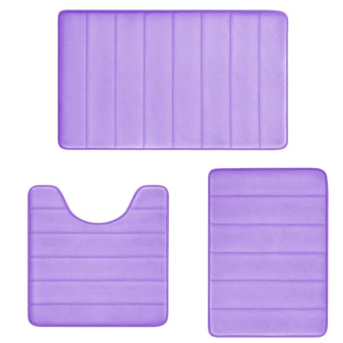 Lavender Bathroom Rug Set 3 Pieces Ultra Soft, Striped Non Slip Memory Foam Toilet Mat, Absorbent Plush Shaggy Bath Mats for Bathroom, Bedroom, Kitche