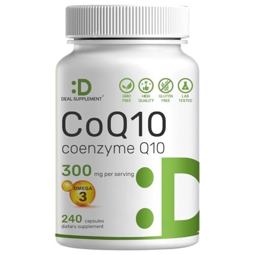 DEAL SUPPLEMENT CoQ10 300mg with Omega 3 100mg, 240 Capsules | Bioavailable Coenzyme Q10 Formula | Supports Heart, Energy & Brain Health | Antioxidant
