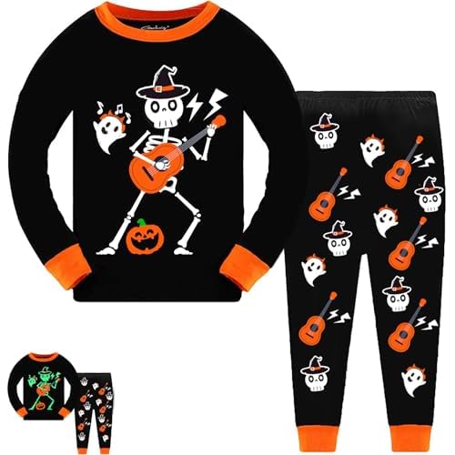 Tkria Kids Pajamas for Boys Skeleton Glow-in-The-Dark Cotton Sleepwear Toddler Clothes Halloween Outfit Size 1-7T… 2T Skeleton Guitar