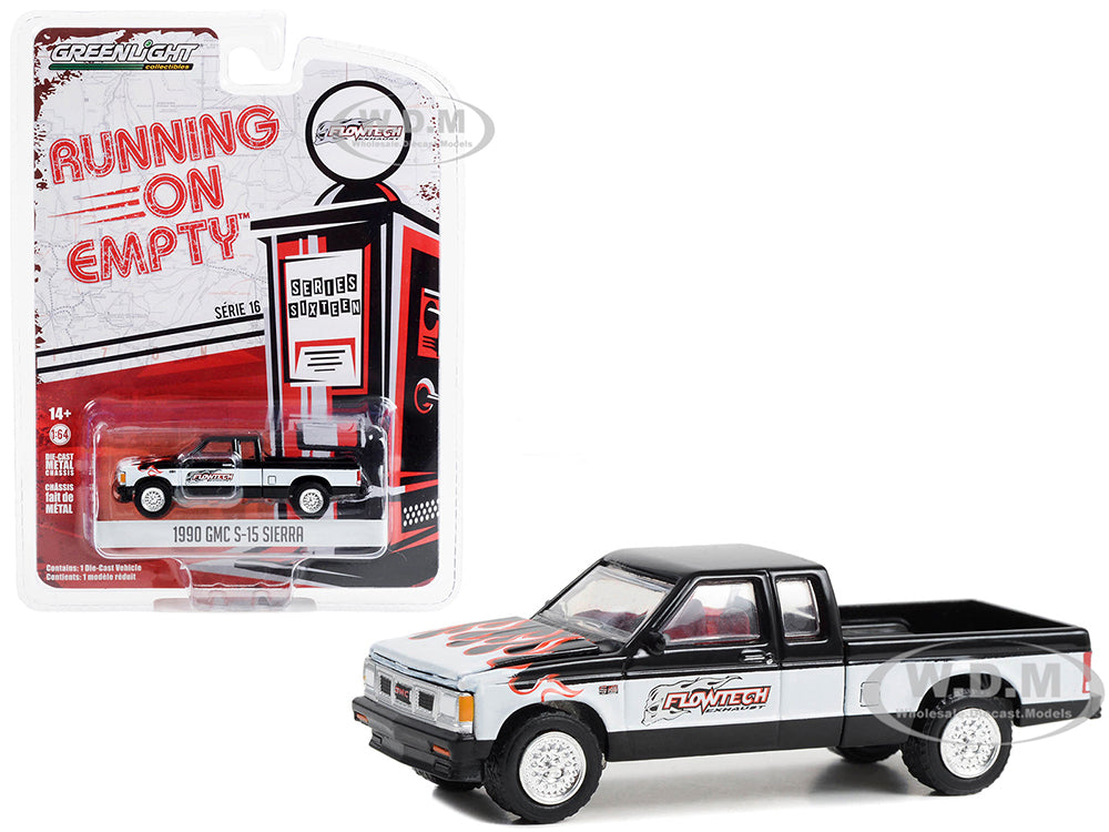 1990 GMC S-15 Sierra Pickup Truck Black and White with Flames "Flowtech Exhaust" "Running on Empty" Series 16 1-64 Diecast Model Car by Greenlight