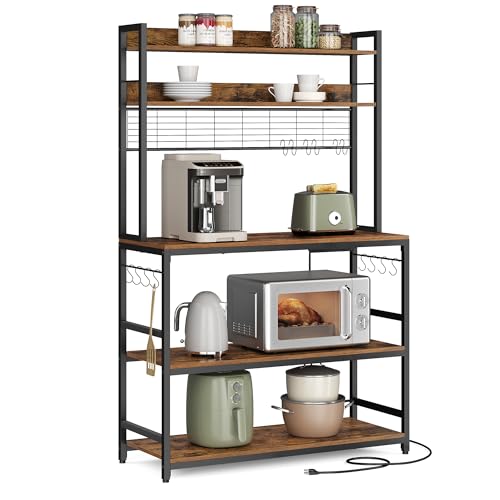 VASAGLE Hutch Bakers Rack with Power Outlet, 14 Hooks Microwave Stand, Adjustable Coffee Bar with Metal Wire Panel, Kitchen Storage Shelf, 15.7 x 39.4