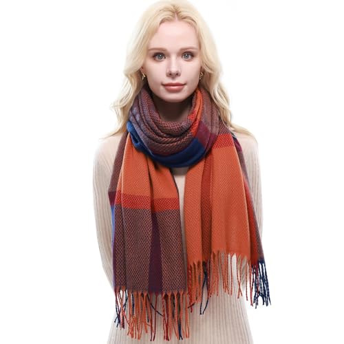 RIIQIICHY Plaid Scarf for Women Fall Winter Pashmina Scarves Wraps for Cold Weather Warm Large Blue-Orange-Purple