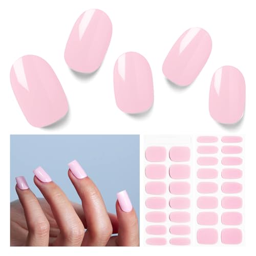 Semi Cured Gel Nail Strips, 30 Pcs Solid Color UV Stickers, Wraps for Home DIY, Salon Quality With Prep Pads, File & Wood Stick - Rose Pink