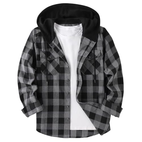 ZITY Men's Flannel Hoodie Shirts Casual Button Down Plaid Shirt Jackets for Men Long Sleeve Stylish Hooded with Pocket Medium Dark Grey